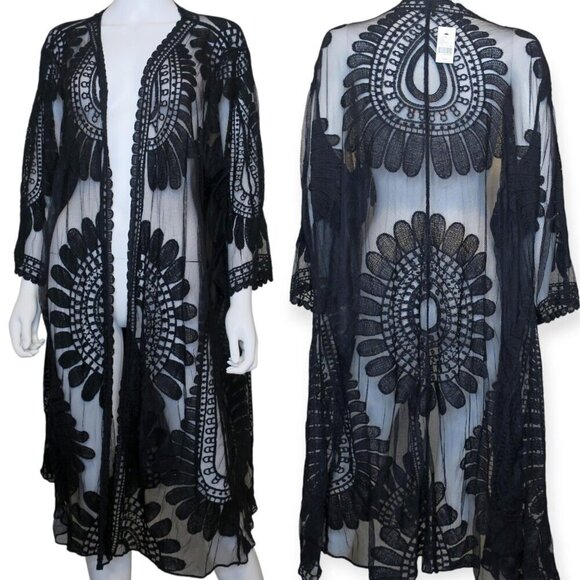Lane Bryant Lace Kimono Cardigan Womens 26/28 Black Floral Sheer Cover Up Boho - Picture 3 of 7